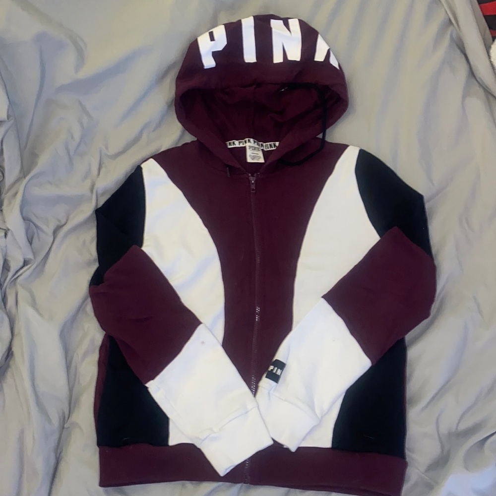 Burgundy, White, and Black Full Zip Hoodie from PINK